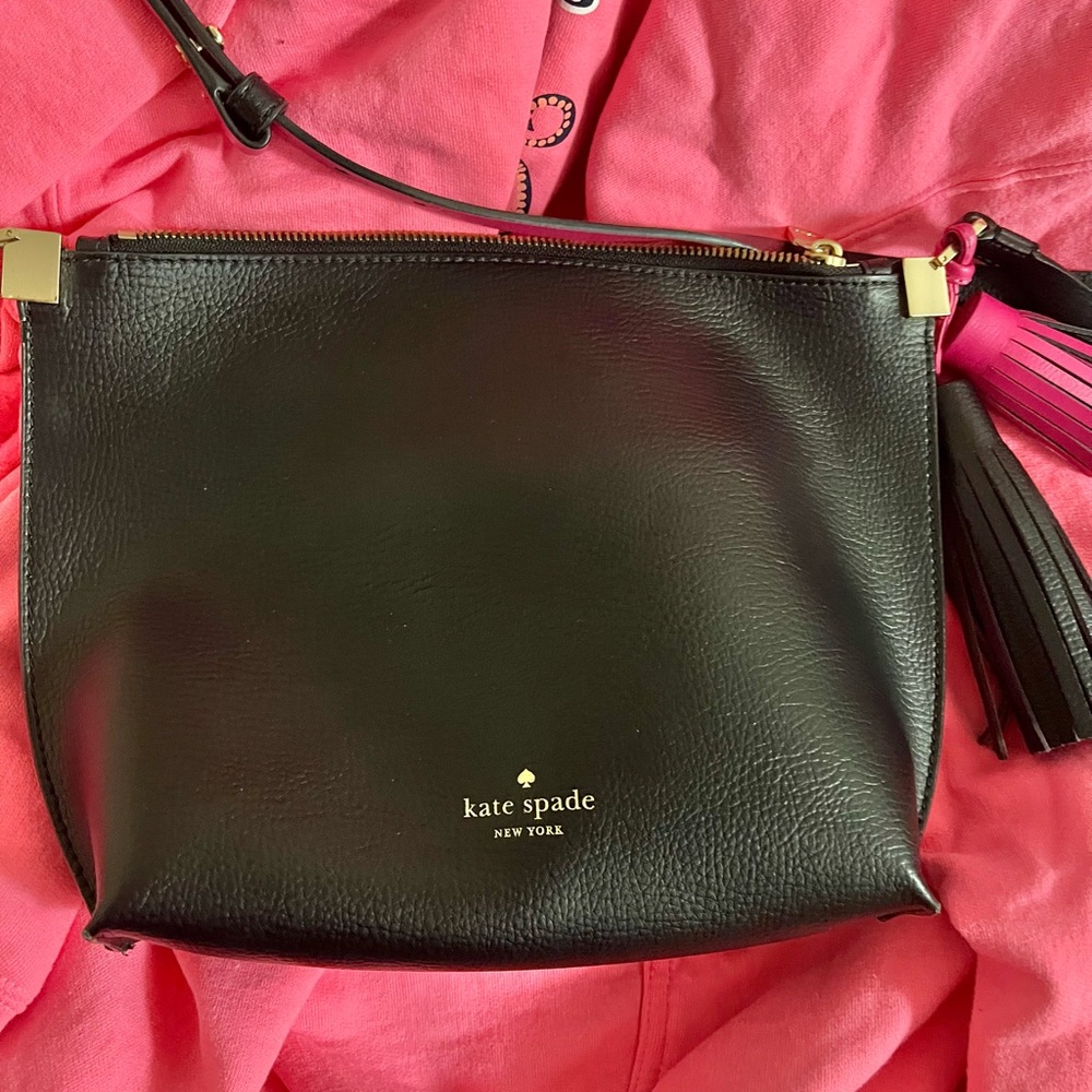 Kate Spade Black leather with black & pink tassels and gold logo crossbody